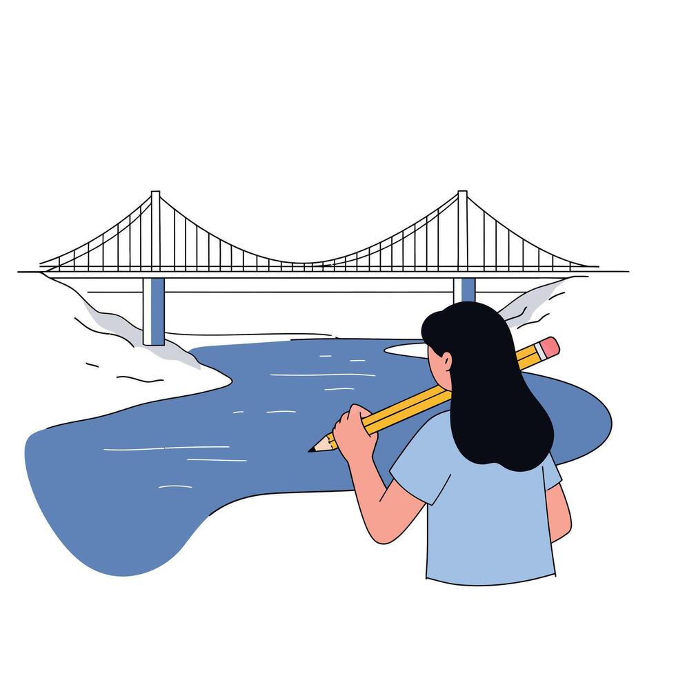 Person sketching a bridge over a river in flat art vector