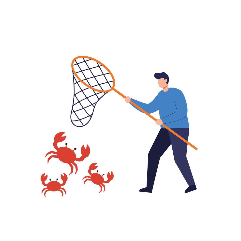 Man catching crabs with a net in a minimal flat style illustration vector