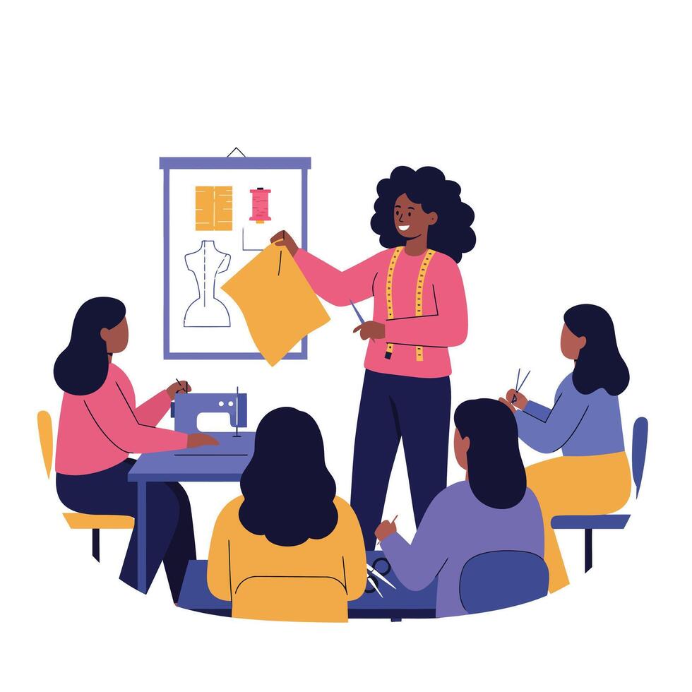 Tailoring workshop scene with instructor and students in flat art vector