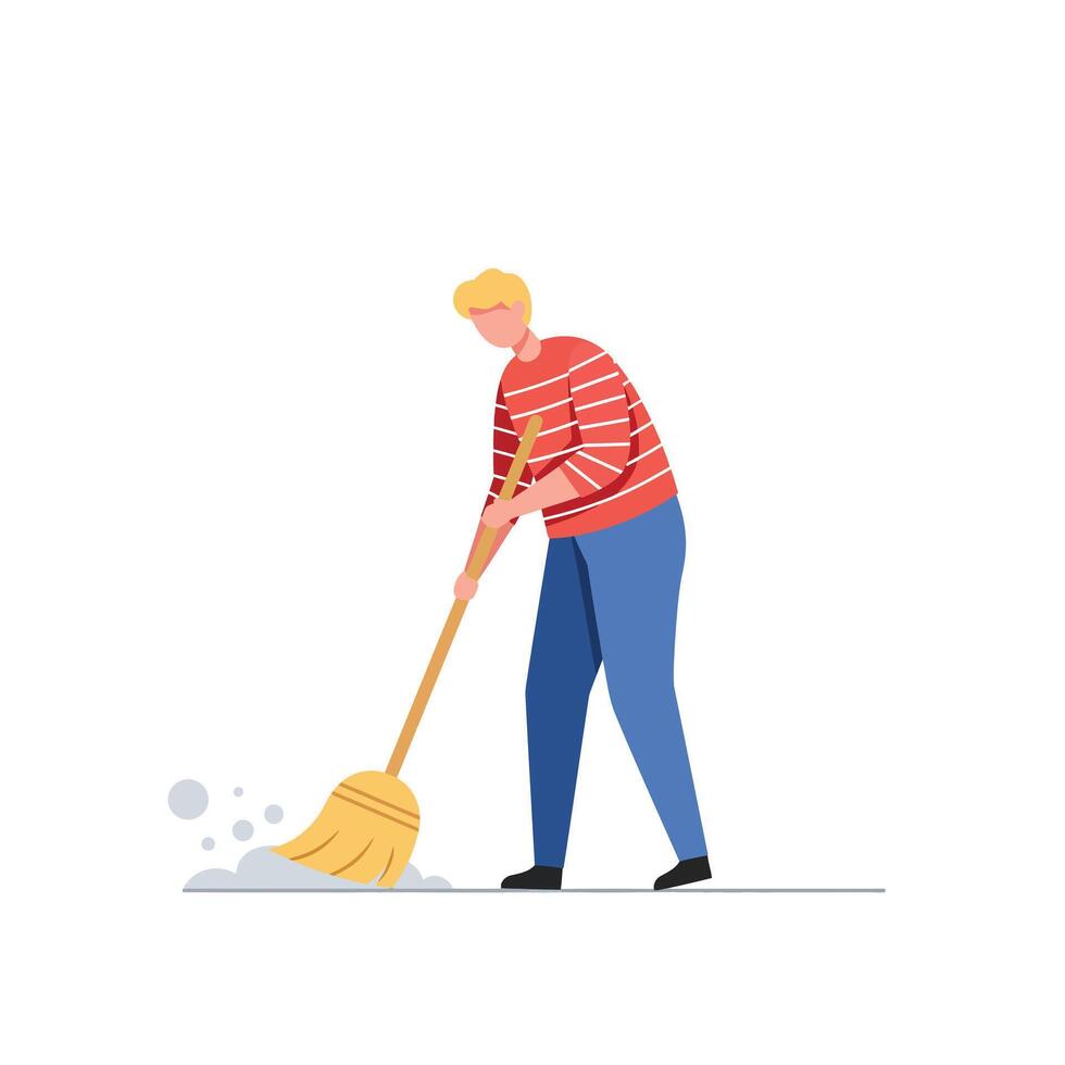 Person sweeping floor with broom in flat style art vector