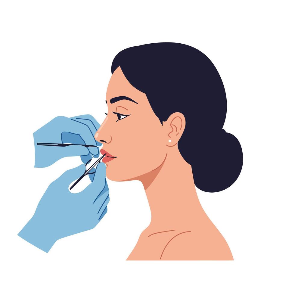 Medical professional applies cosmetic treatment to womans lips in flat illustration vector