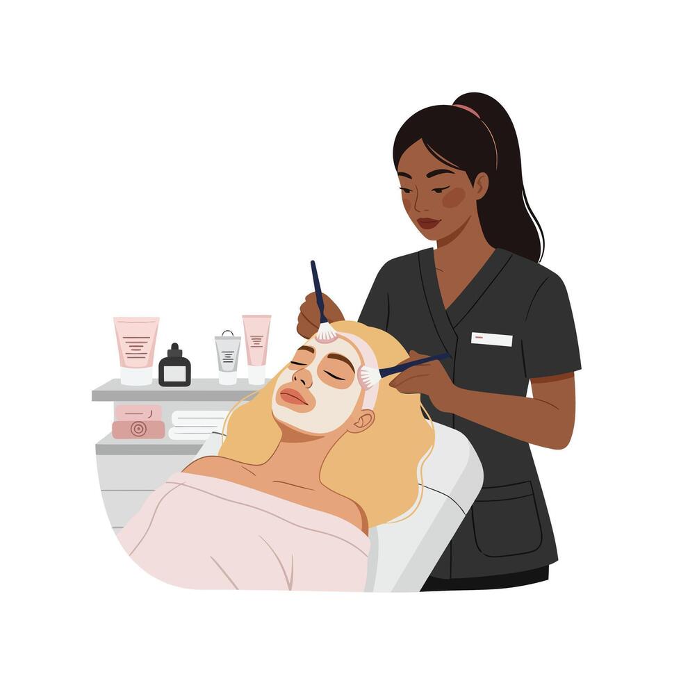 Facial treatment scene with professional applying mask in flat art vector