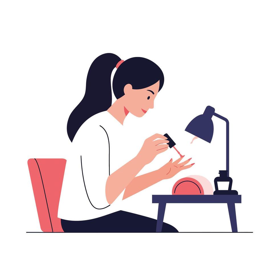 Woman applying nail polish in a minimal design style illustration vector