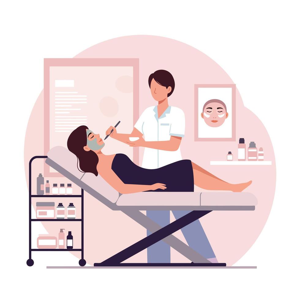 Spa treatment scene showing facial care process in flat art style vector