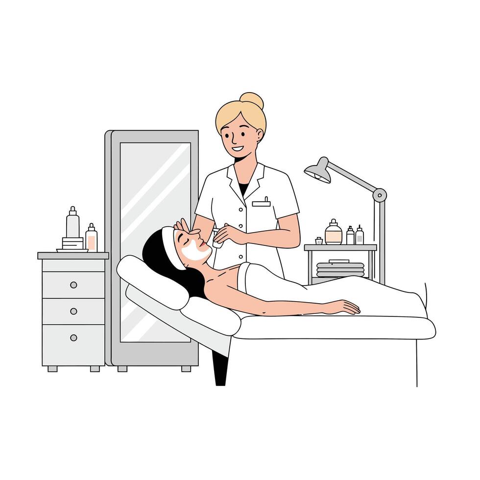 Woman receiving facial treatment from aesthetician in flat art vector