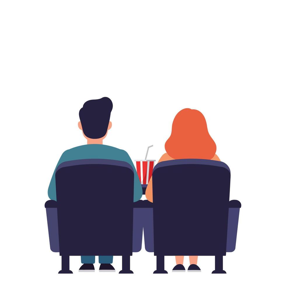 Couple sitting together in cinema chairs enjoying popcorn flat art vector