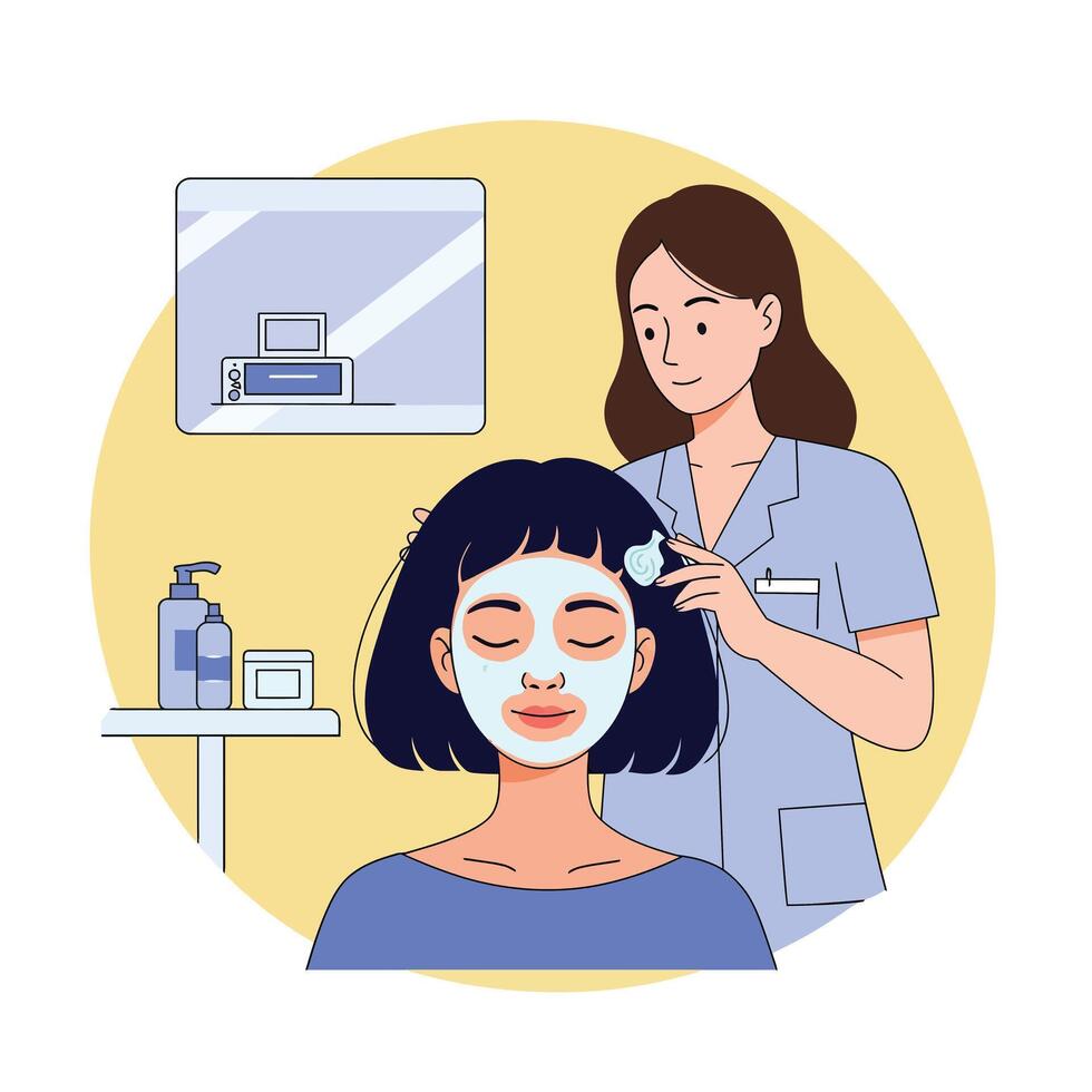 Woman receiving facial treatment in a spa setting with flat art illustration vector