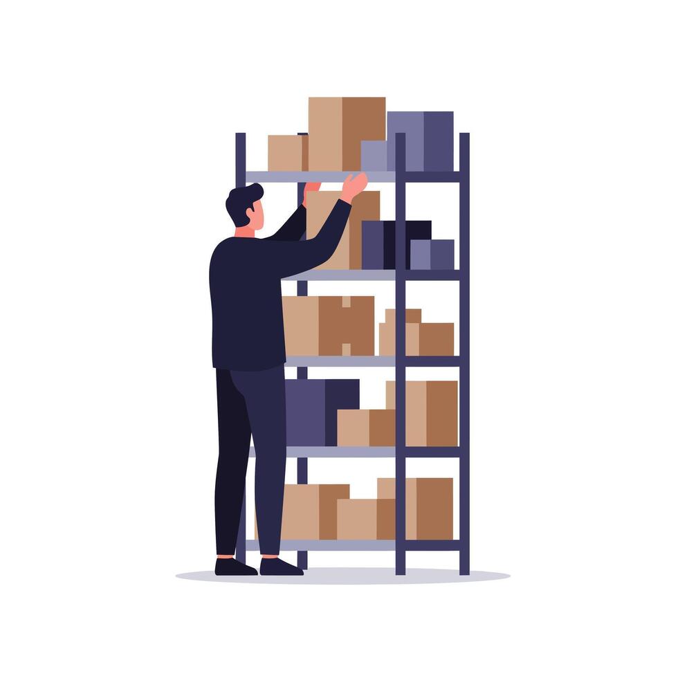 Man arranging boxes on a shelf in a minimal illustration vector
