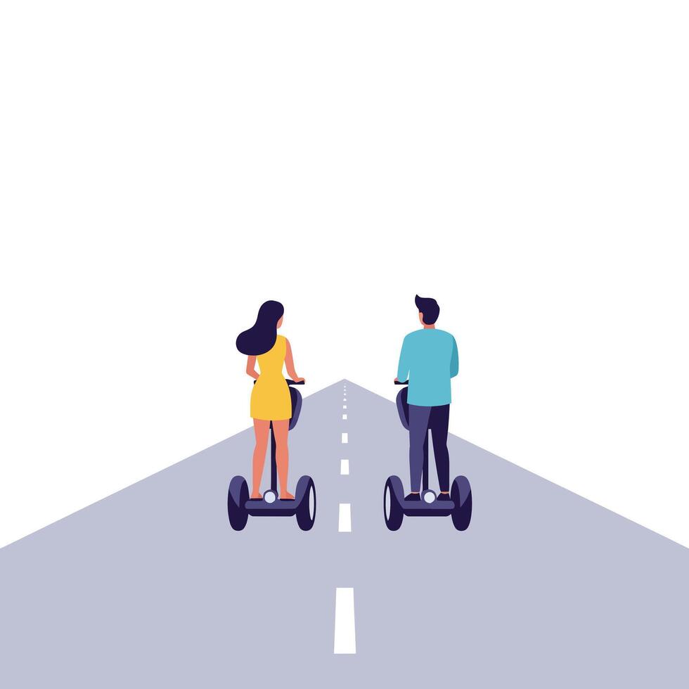 Two people riding hoverboards on a road in flat art style vector