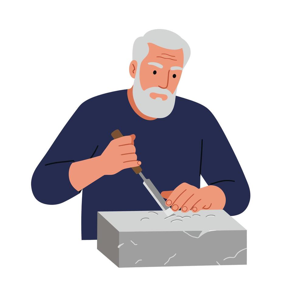 Skilled artisan carving stone using tools in flat art vector