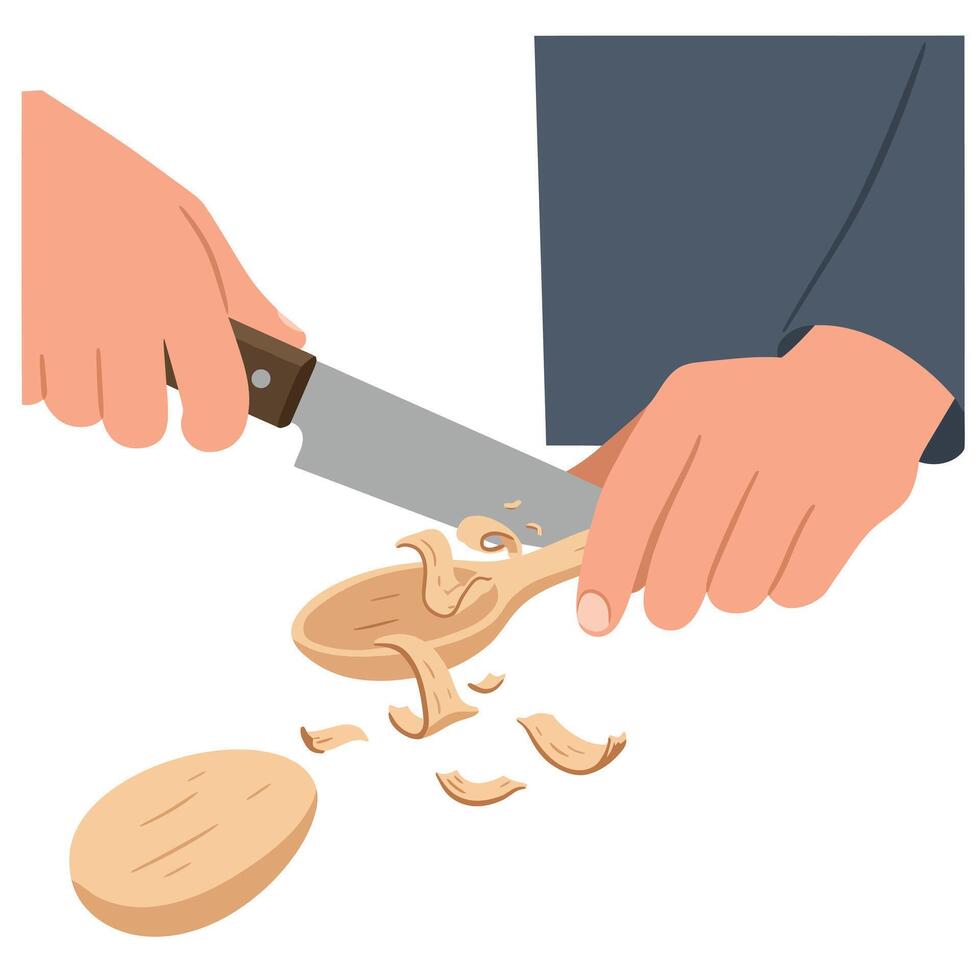 Hands carving a wooden spoon with a knife in flat art style vector