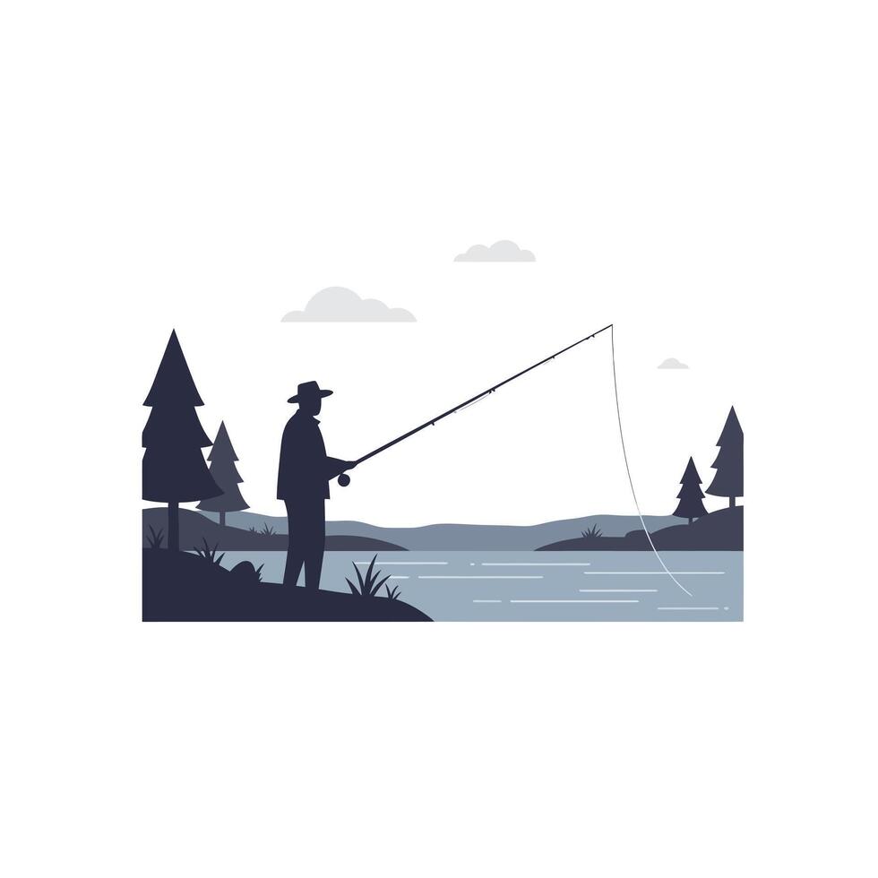 Fisherman casting line in serene lake setting, flat design illustration vector