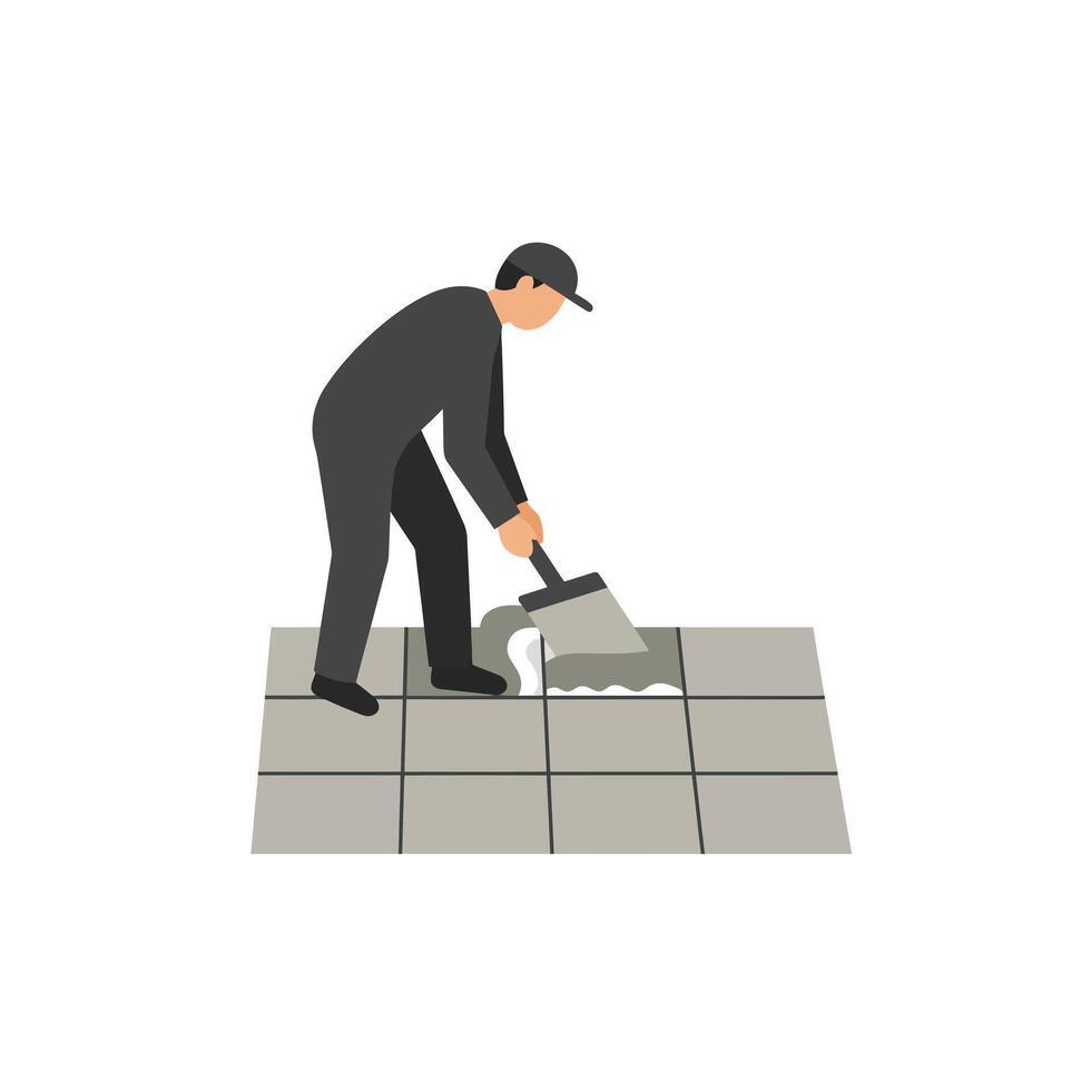 Worker applying adhesive to tiles in flat, minimal art illustration vector