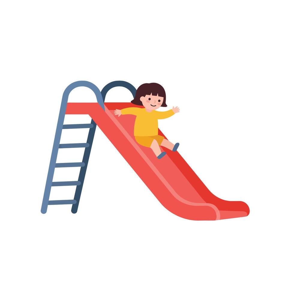 Child joyfully sliding down a vibrant red slide in flat art vector