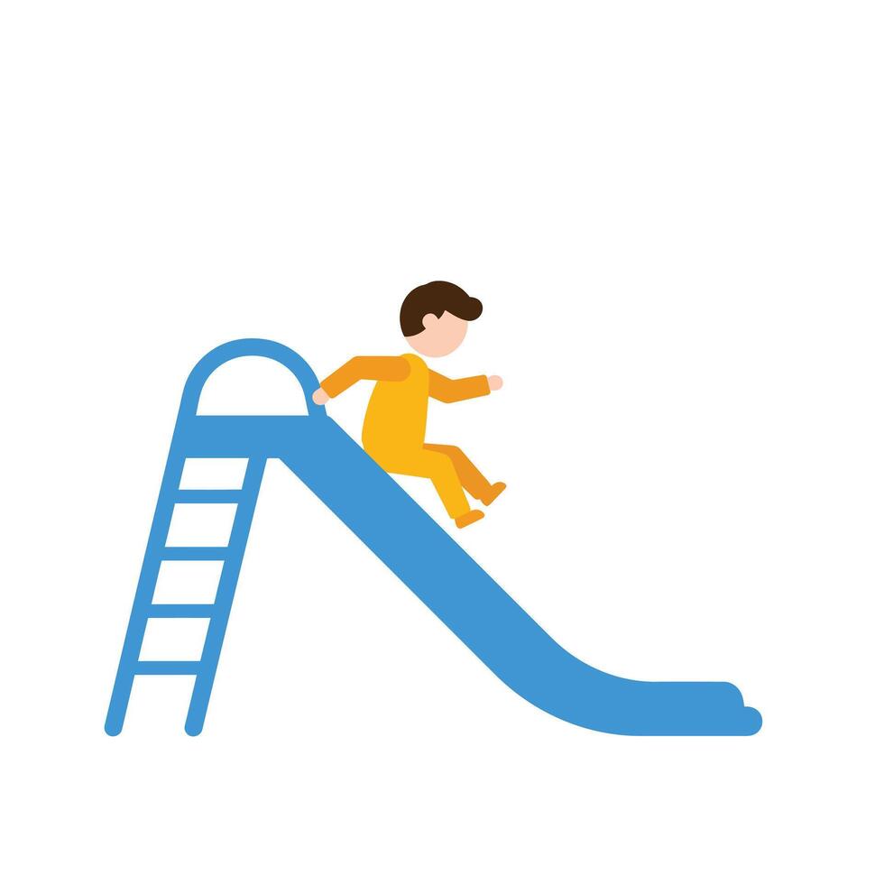 Child playing joyfully on a blue slide in flat illustration vector