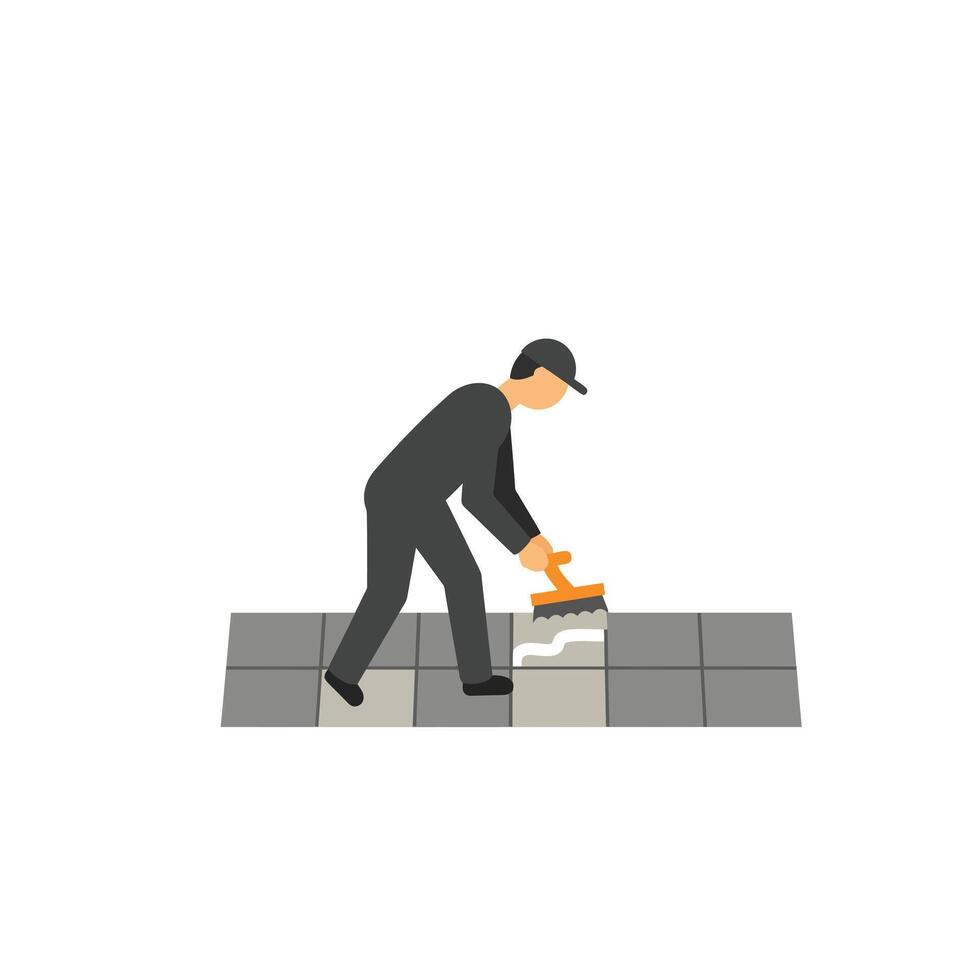 Worker laying tiles on a floor with trowel in flat art vector