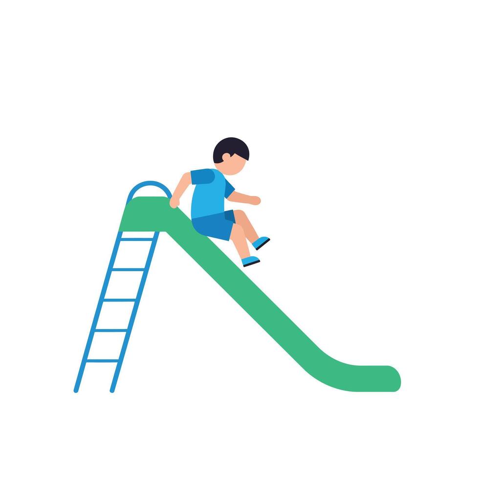 Child sliding down a green slide in flat design art vector
