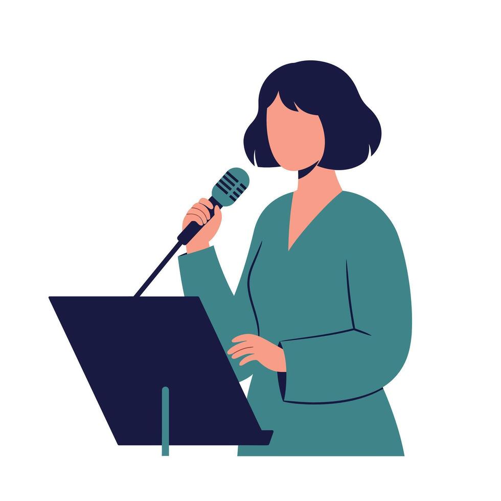 Woman holding microphone speaking at podium in flat art vector