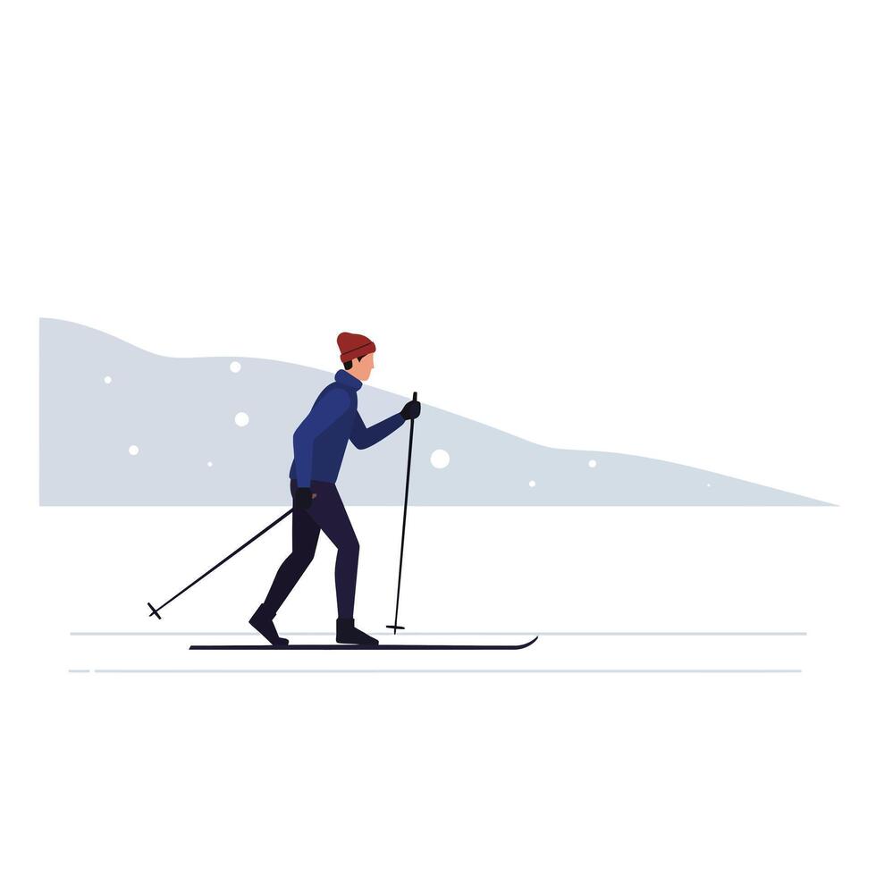 Skier in motion across snowy landscape in flat art style vector