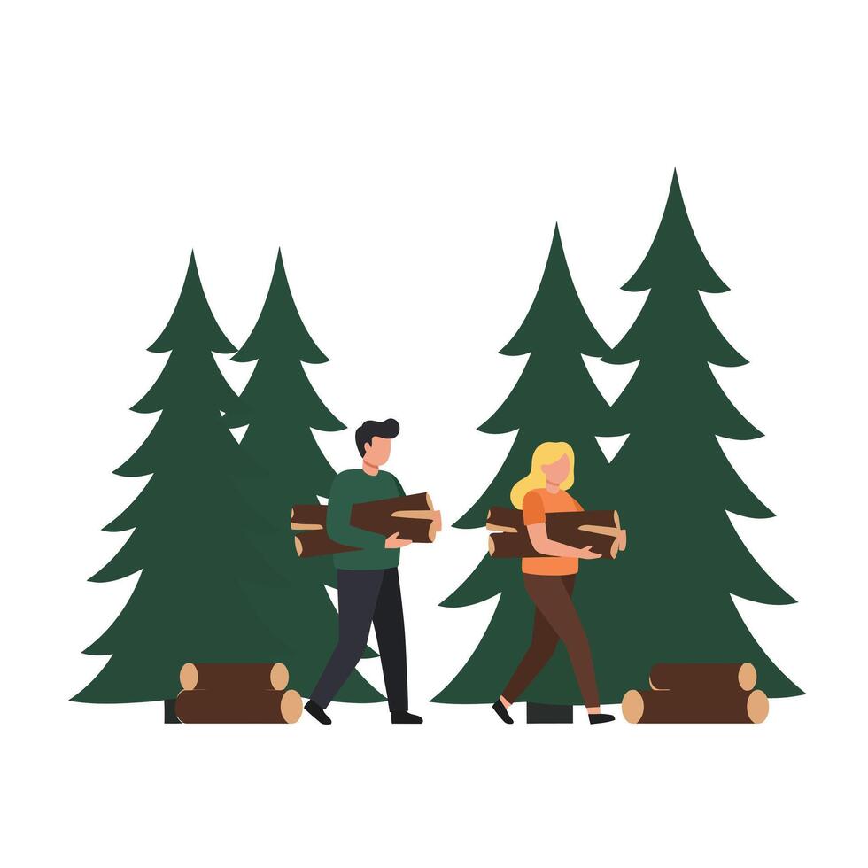 Two individuals carrying logs through a forest in flat art vector