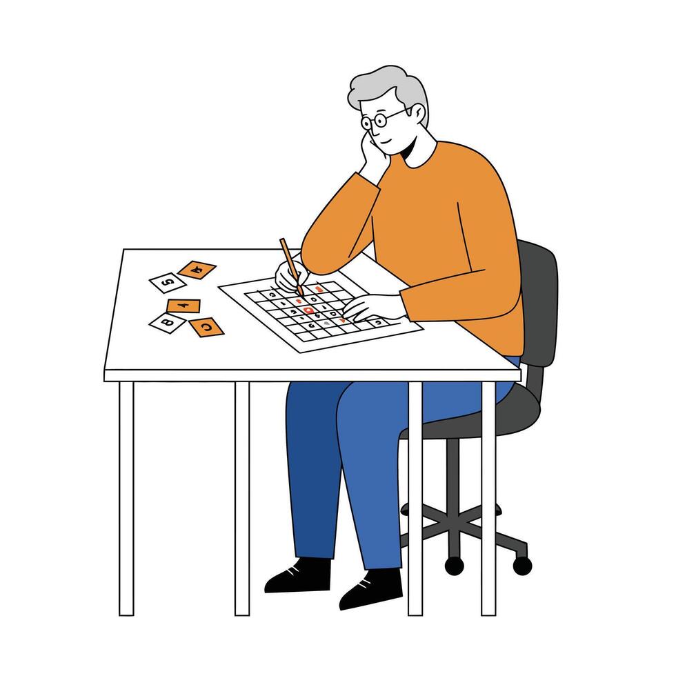 Person engaged in puzzle-solving activity with flat design art vector