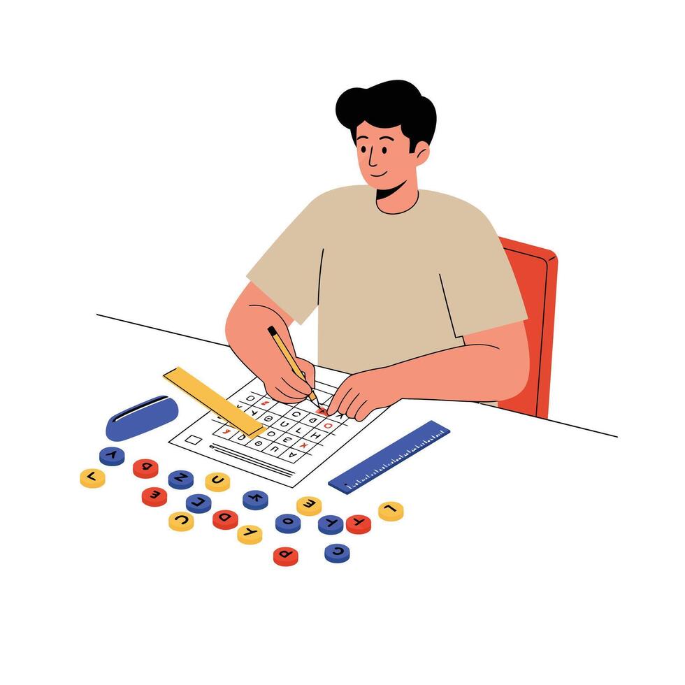 Man actively solving puzzles with colorful pieces in flat art vector
