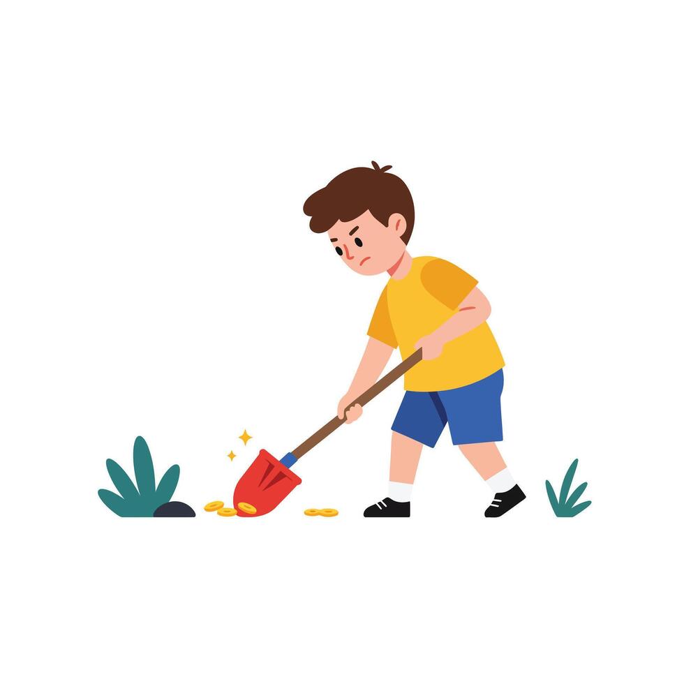 Young boy digging in ground with shovel in flat art vector