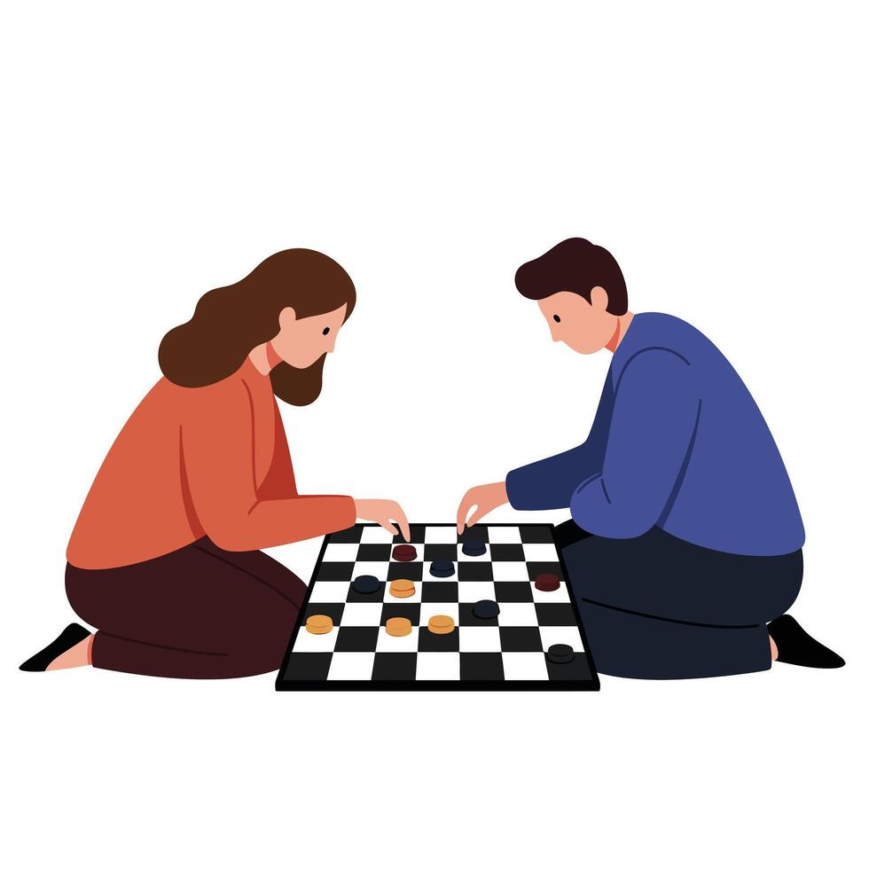 Engaging individuals playing checkers on the floor in flat art vector