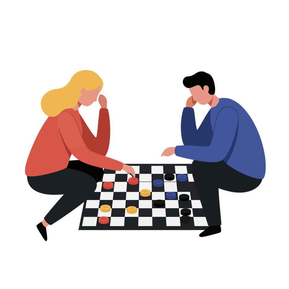 Two people engaged in a focused chess game with flat design art vector