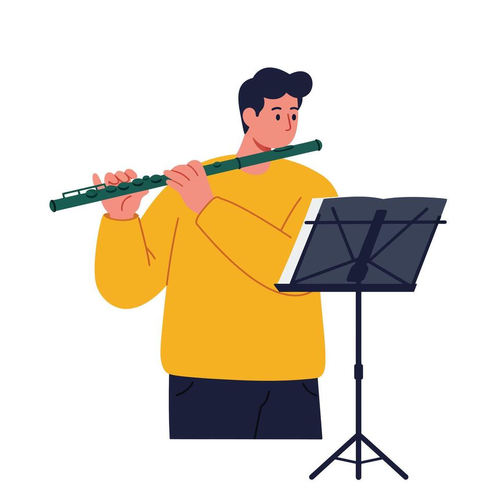 Young musician playing flute with music stand in minimal style art vector