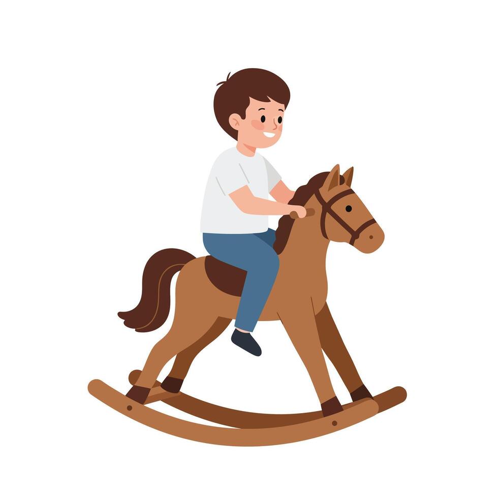 Young boy riding a rocking horse in flat style art vector