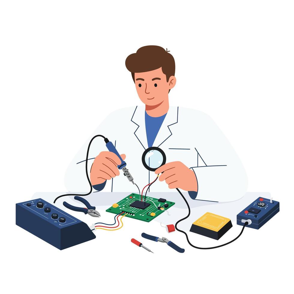 Technician using soldering iron on circuit board in flat art vector