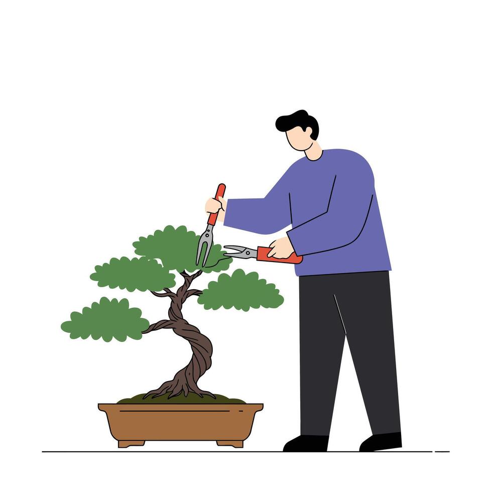 A Person Pruning Bonsai Tree in Minimal Flat Design Art vector