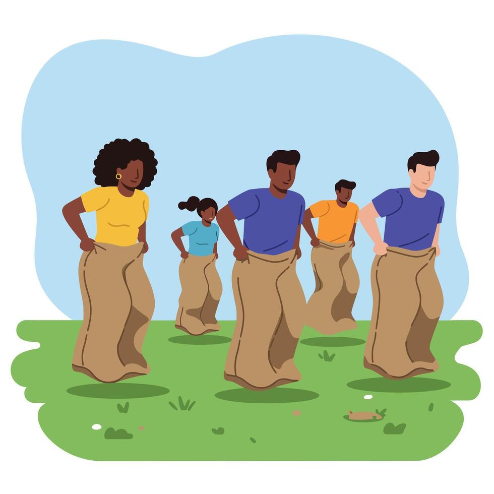 Group of people participating in sack race competition in minimal art vector