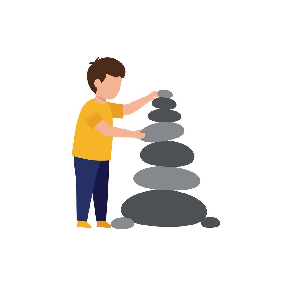 Child stacking smooth stones in a playful manner, flat art illustration vector