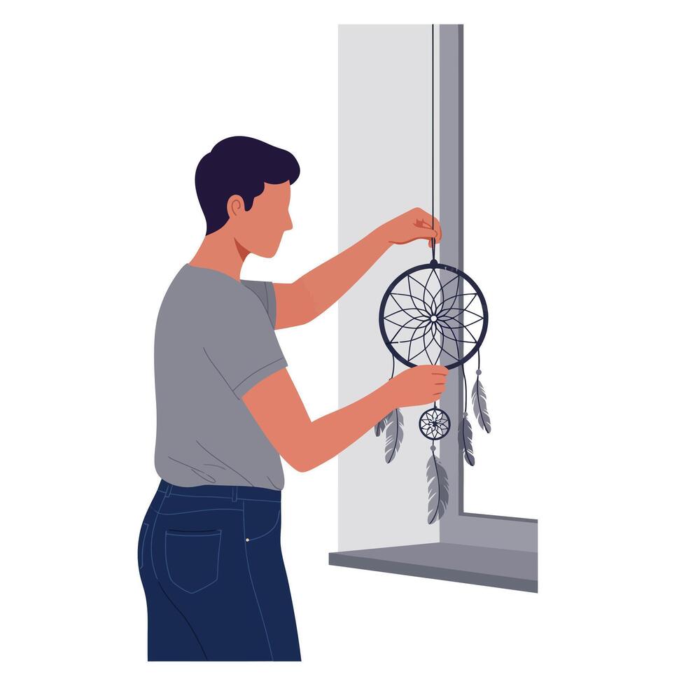 Person hanging a dream catcher by the window in flat art vector