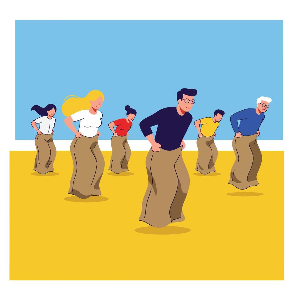 Group of people participating in a sack race in minimal art vector