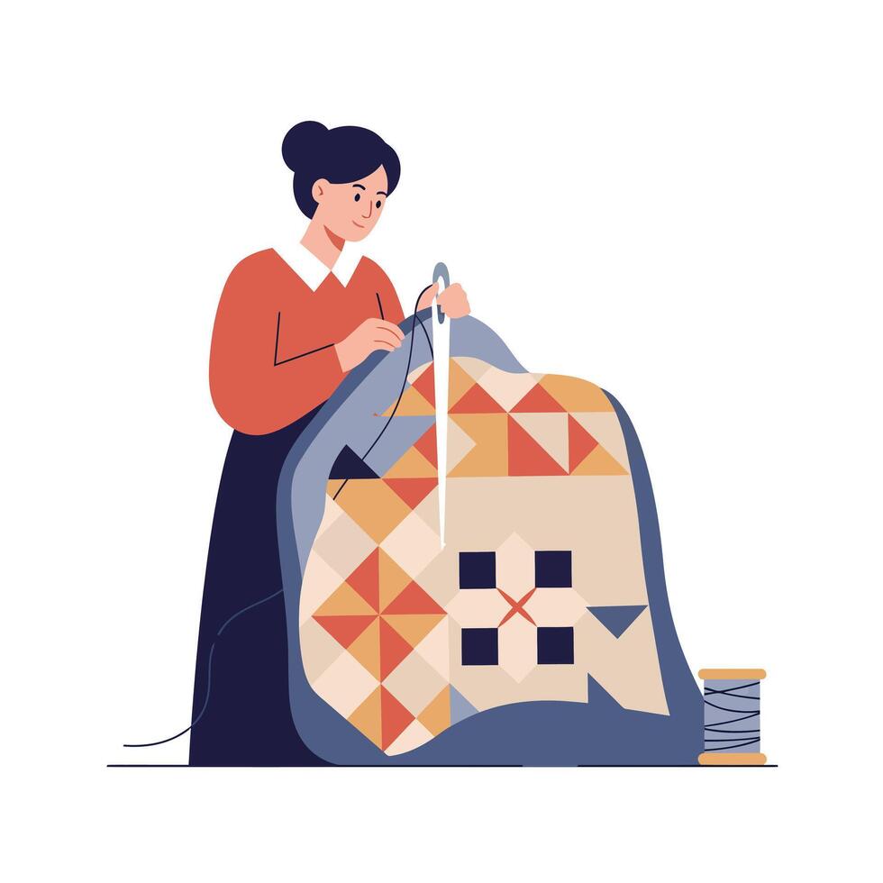 Woman sewing a quilt in a minimal style with vibrant colors and geometric patterns illustration vector