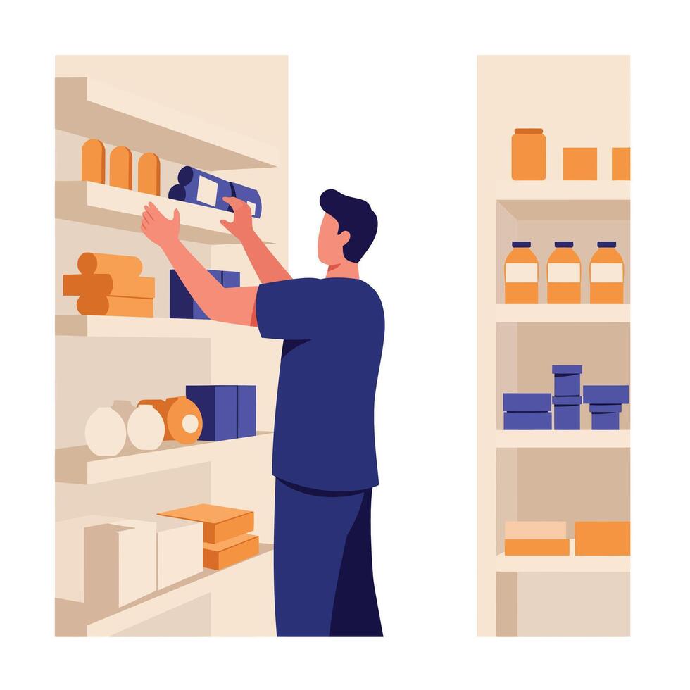 Man organizing products on shelves in a clean flat illustration vector