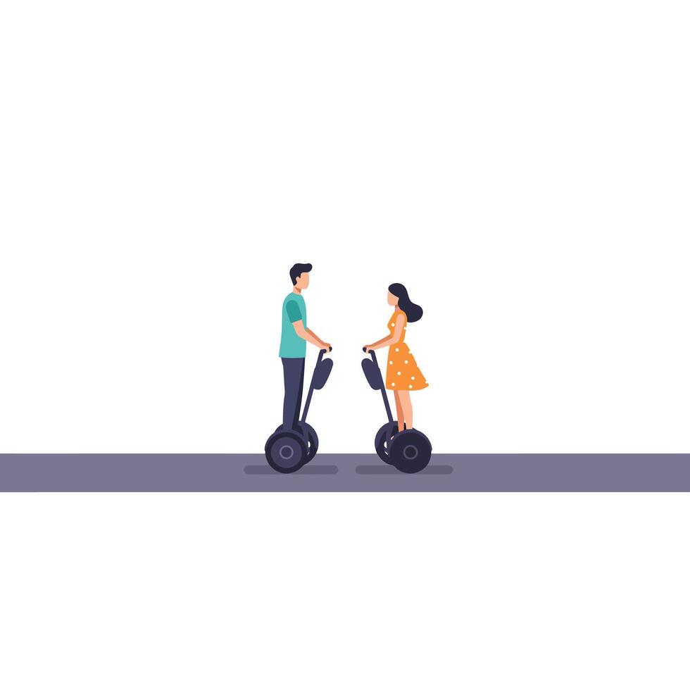 Two people riding scooters in a flat and colorful illustration vector