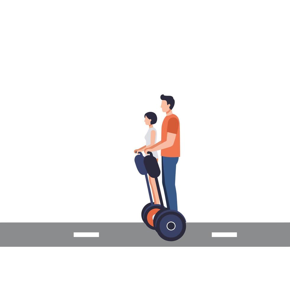Two People Riding a Segway on a Road in Flat Art vector