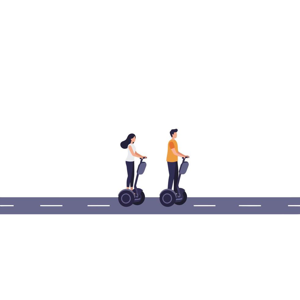 Two people riding scooters on a road in minimal flat illustration vector