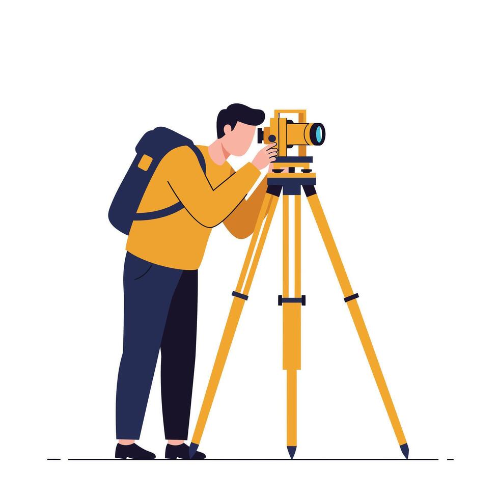 Person using a surveying instrument in flat art style for construction projects vector