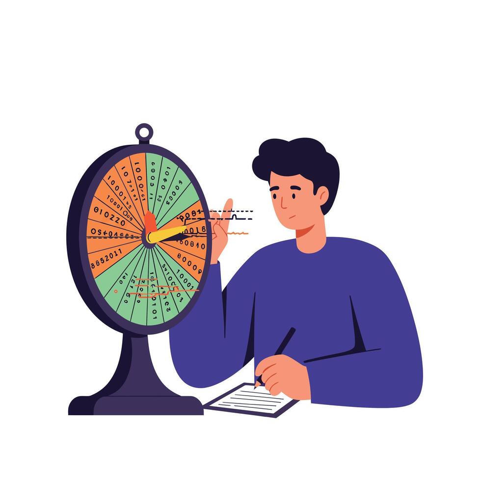 Person interacting with a colorful spinning wheel in flat art vector