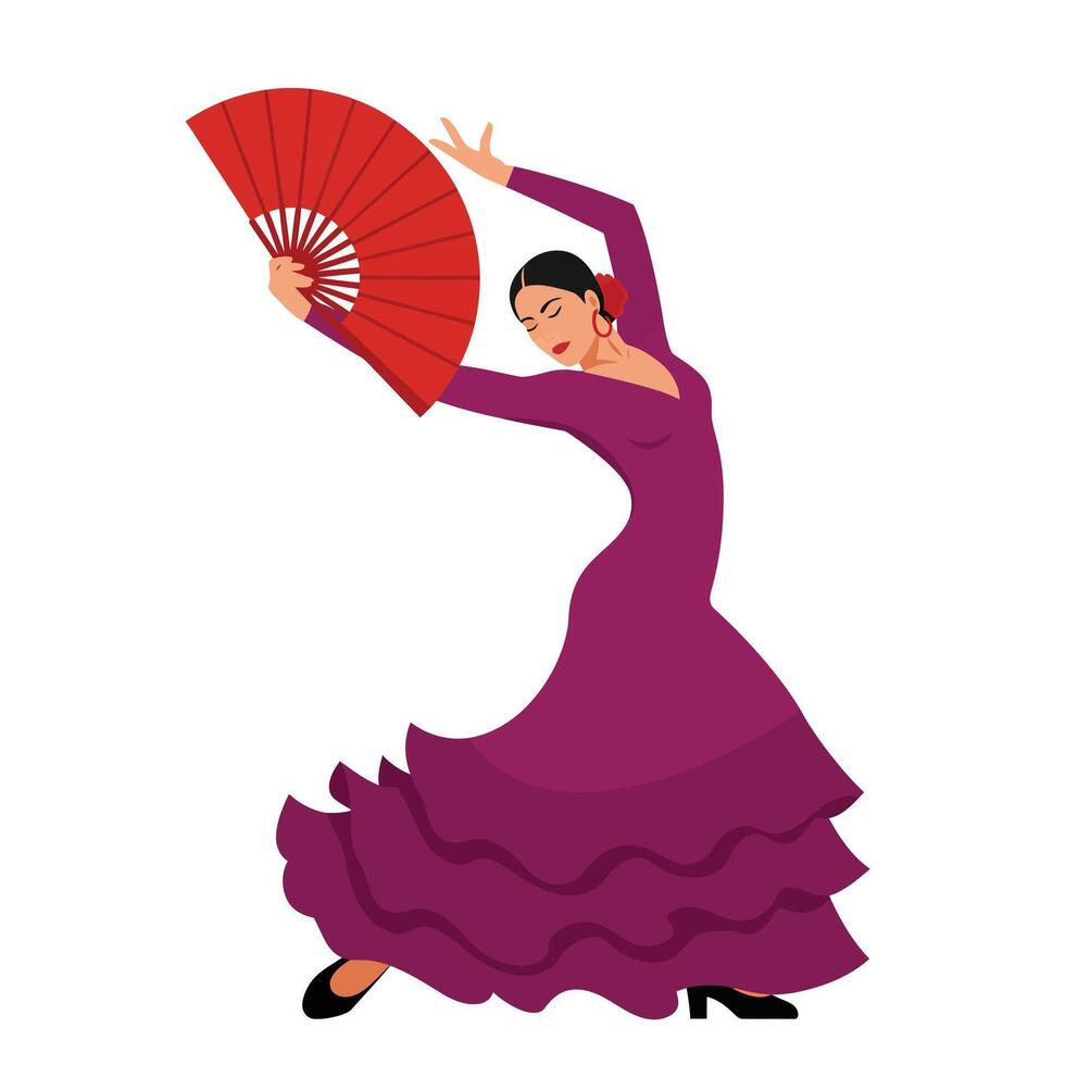 Elegant flamenco dancer in vibrant dress performing with fan in flat art vector
