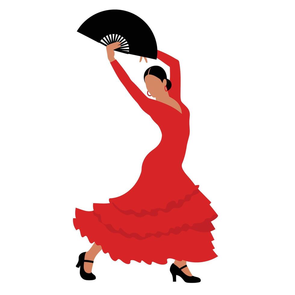 Elegant flamenco dancer in vibrant red dress and fan, flat art vector