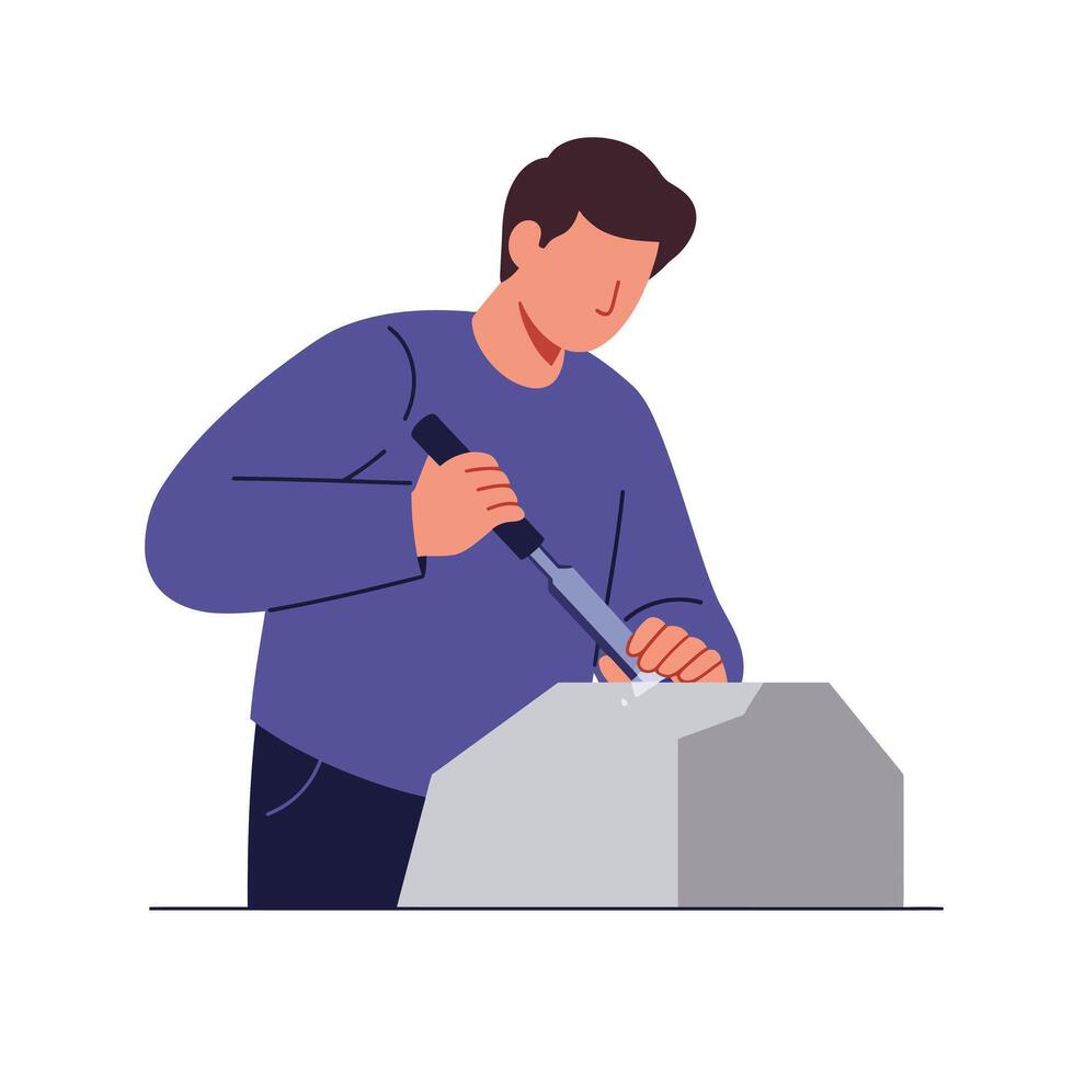 Craftsman working on stone sculpture in flat minimal art vector