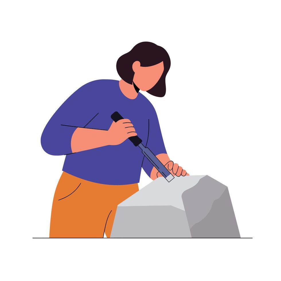 Artist chiseling stone in flat minimal art illustration vector