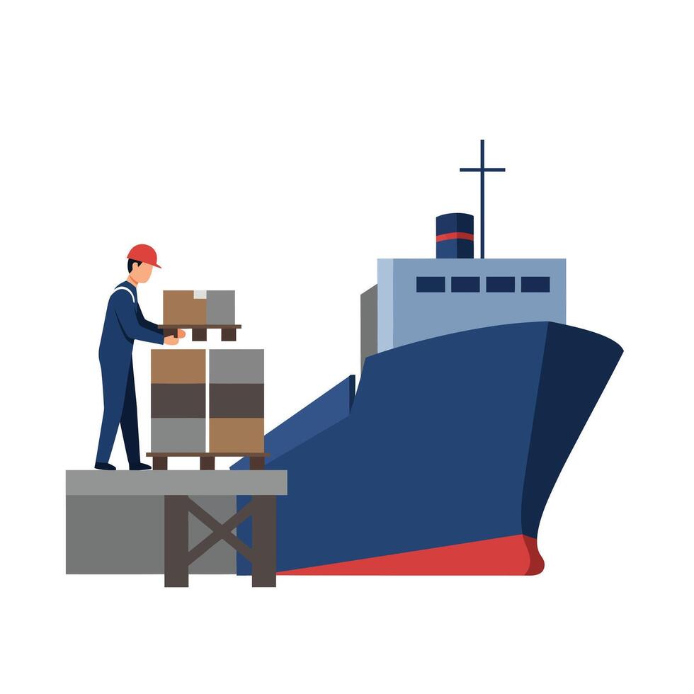 Worker loading cargo onto a large ship in flat art style illustration vector
