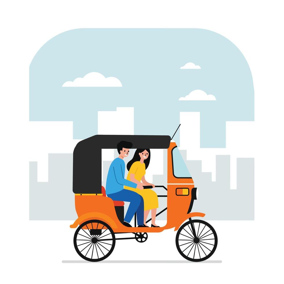 Rickshaw ride through cityscape in flat art style with cheerful characters vector